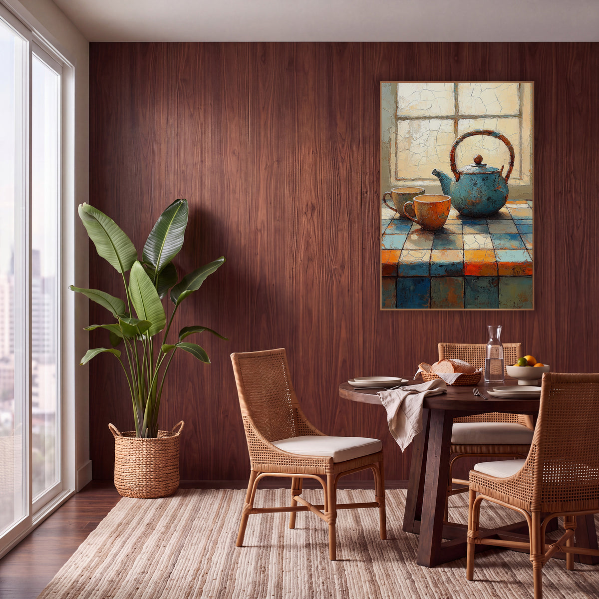 Teal Teapot Tiled Counter Still Life wall art in a warm boho-style room – teal teapot and two orange cups on a blue