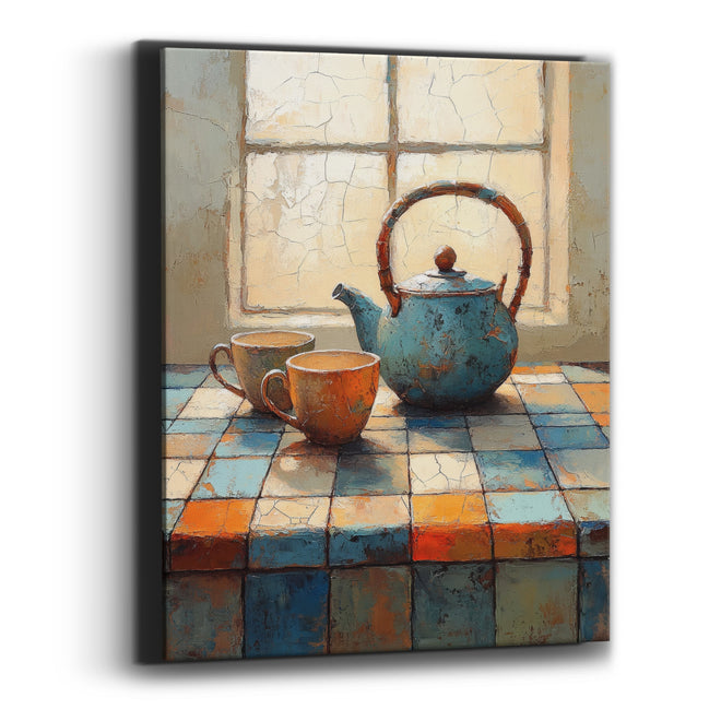 Teal Teapot Tiled Counter Still Life Canvas Wall Art