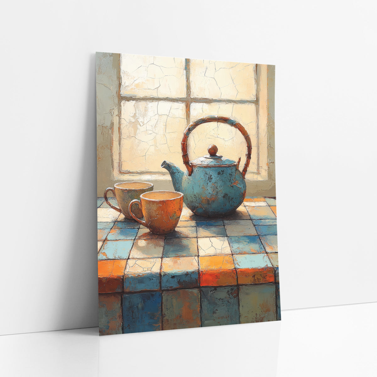 Teal Teapot Tiled Counter Still Life art print leaning against a white wall – teal teapot and two orange cups on a blue