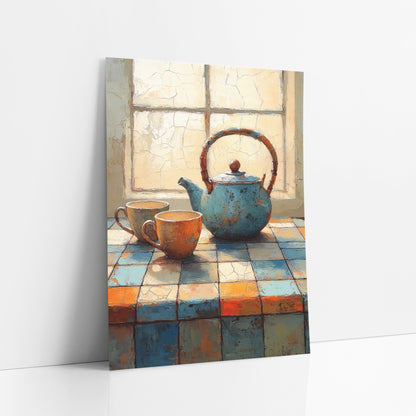 Teal Teapot Tiled Counter Still Life art print leaning against a white wall – teal teapot and two orange cups on a blue