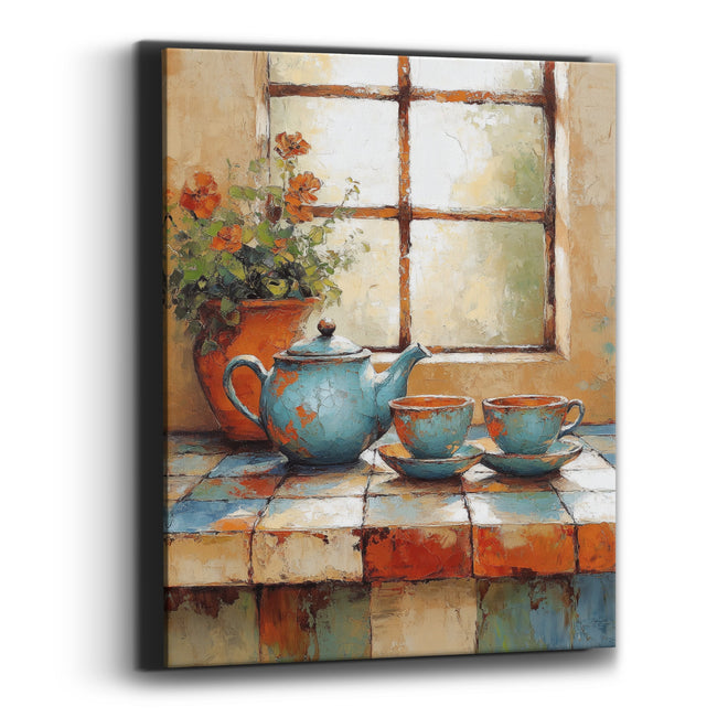 Turquoise Teapot Window Still Life Canvas Wall Art