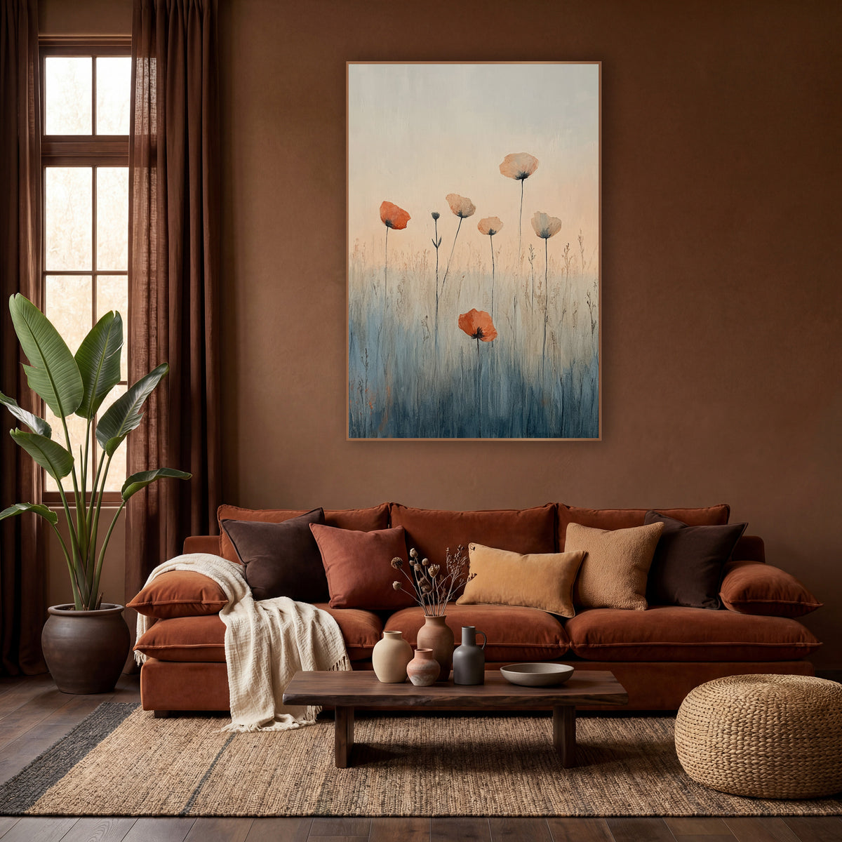 Orange Poppy Meadow Boho Botanical wall art in a warm boho-style room – orange and pale peach poppy-like flowers