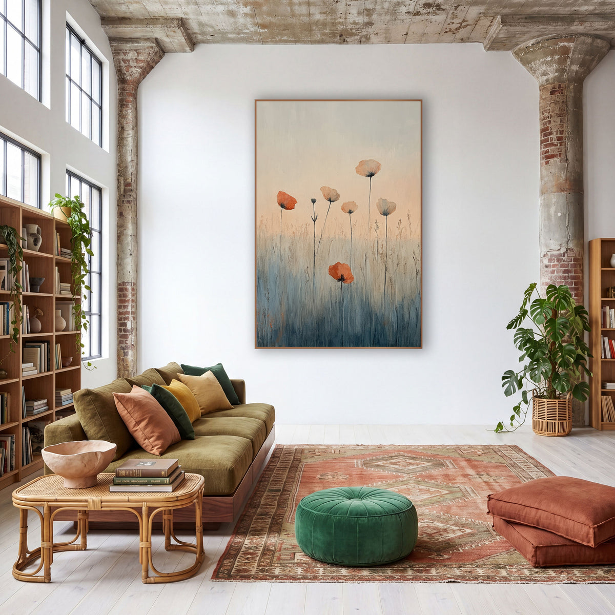 Orange Poppy Meadow Boho Botanical wall art in a warm boho-style room – orange and pale peach poppy-like flowers