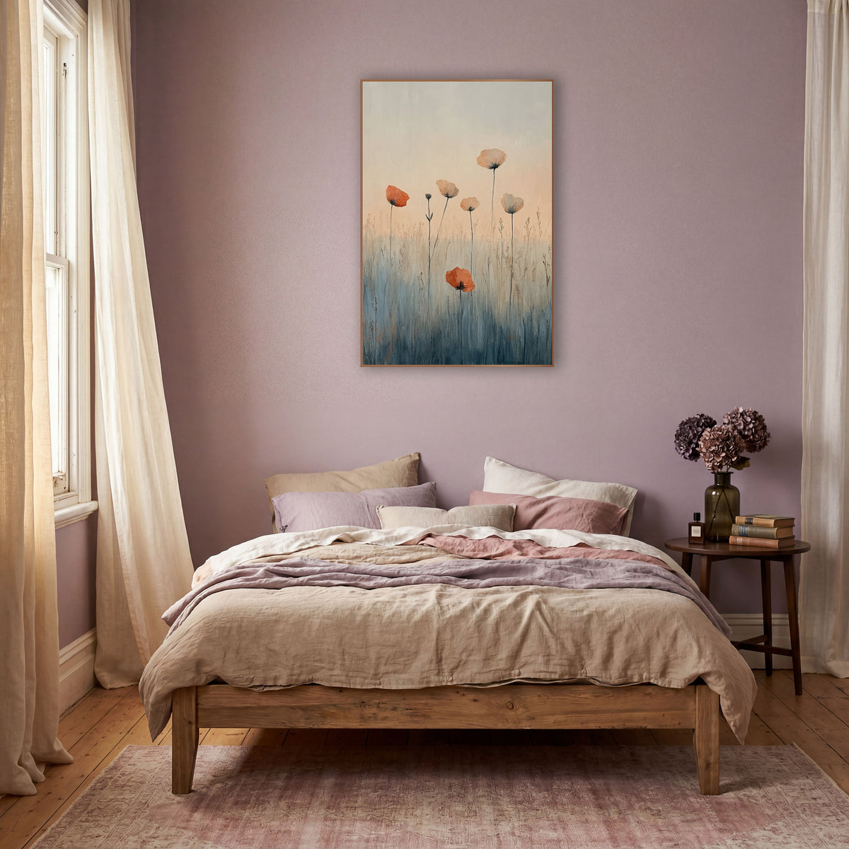 Orange Poppy Meadow Boho Botanical wall art in a warm boho-style room – orange and pale peach poppy-like flowers