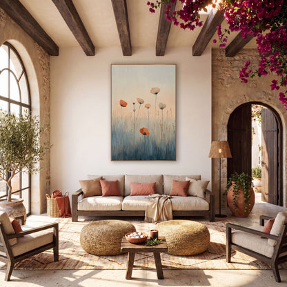 Orange Poppy Meadow Boho Botanical wall art in a warm boho-style room – orange and pale peach poppy-like flowers