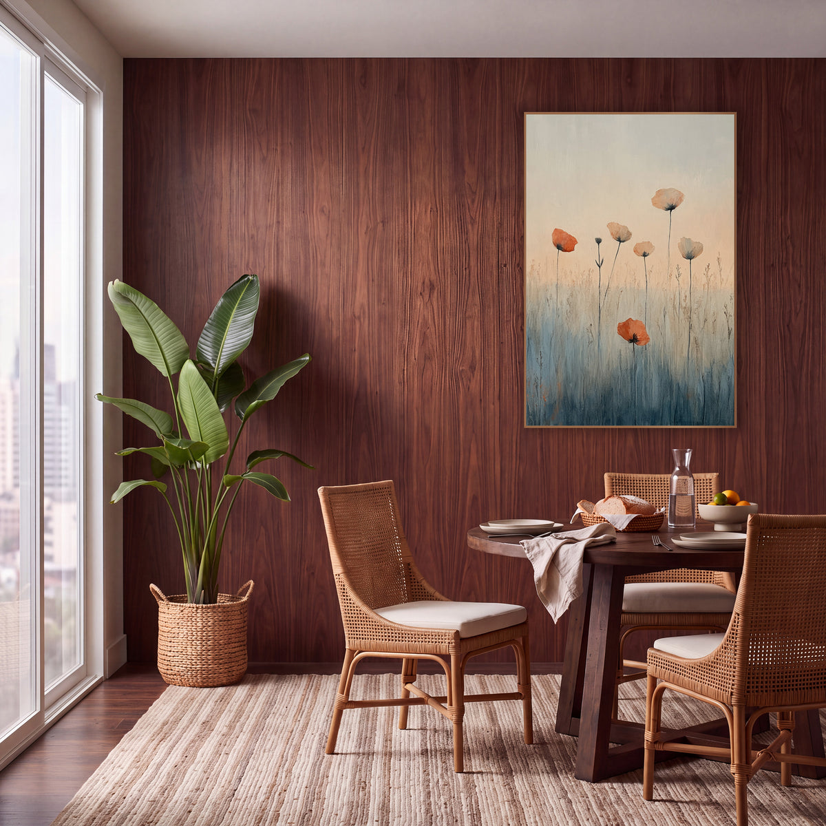 Orange Poppy Meadow Boho Botanical wall art in a warm boho-style room – orange and pale peach poppy-like flowers