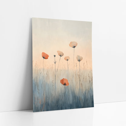 Orange Poppy Meadow Boho Botanical art print leaning against a white wall – orange and pale peach poppy-like flowers on thin