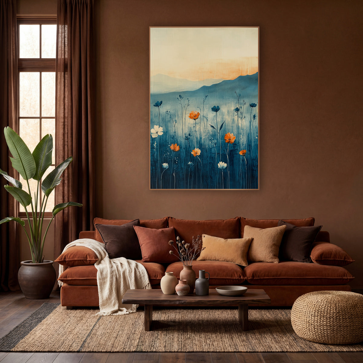 Orange Meadow Blooms Abstract Landscape wall art in a warm boho-style room – orange and white meadow flowers on tall
