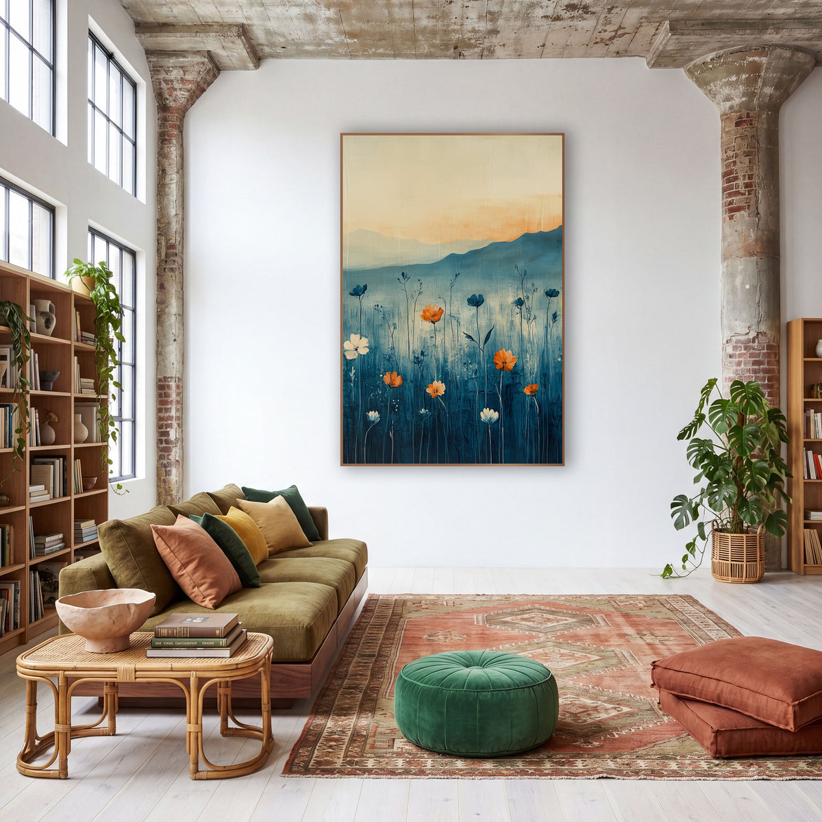Orange Meadow Blooms Abstract Landscape wall art in a warm boho-style room – orange and white meadow flowers on tall