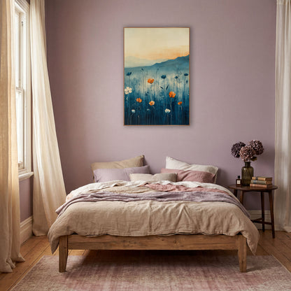 Orange Meadow Blooms Abstract Landscape wall art in a warm boho-style room – orange and white meadow flowers on tall