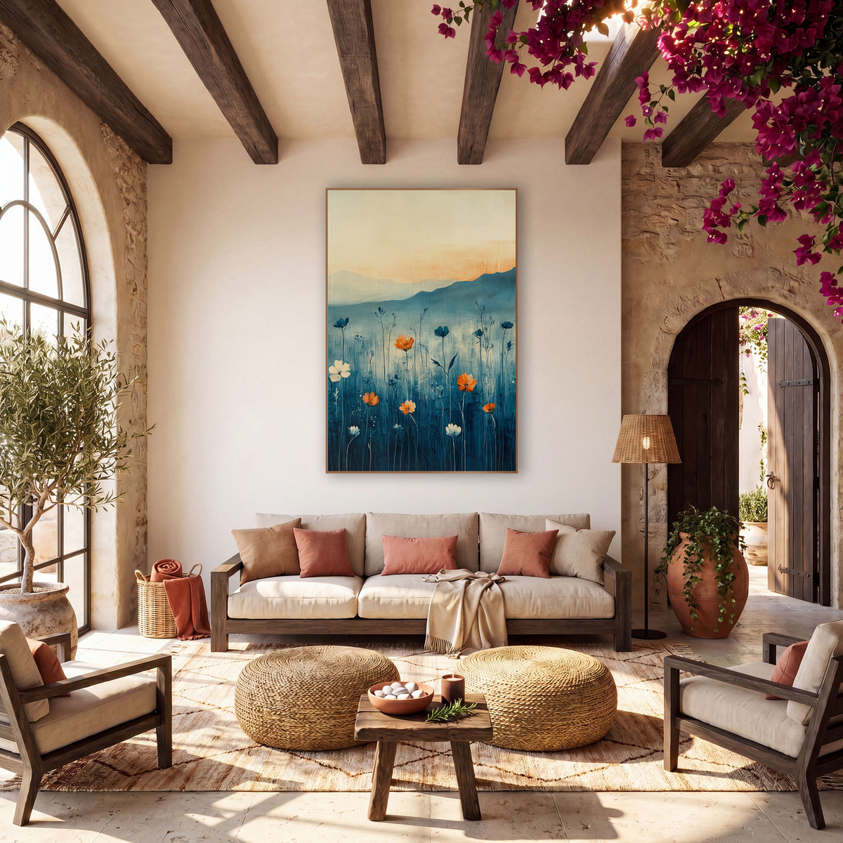 Orange Meadow Blooms Abstract Landscape wall art in a warm boho-style room – orange and white meadow flowers on tall