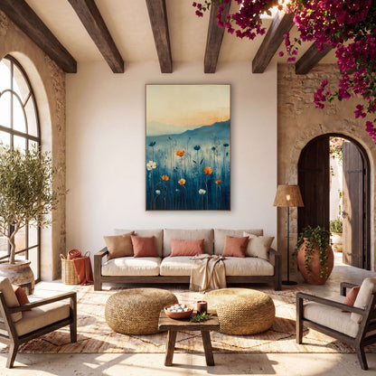 Orange Meadow Blooms Abstract Landscape wall art in a warm boho-style room – orange and white meadow flowers on tall