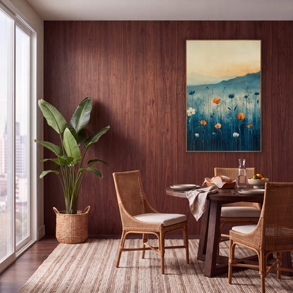 Orange Meadow Blooms Abstract Landscape wall art in a warm boho-style room – orange and white meadow flowers on tall