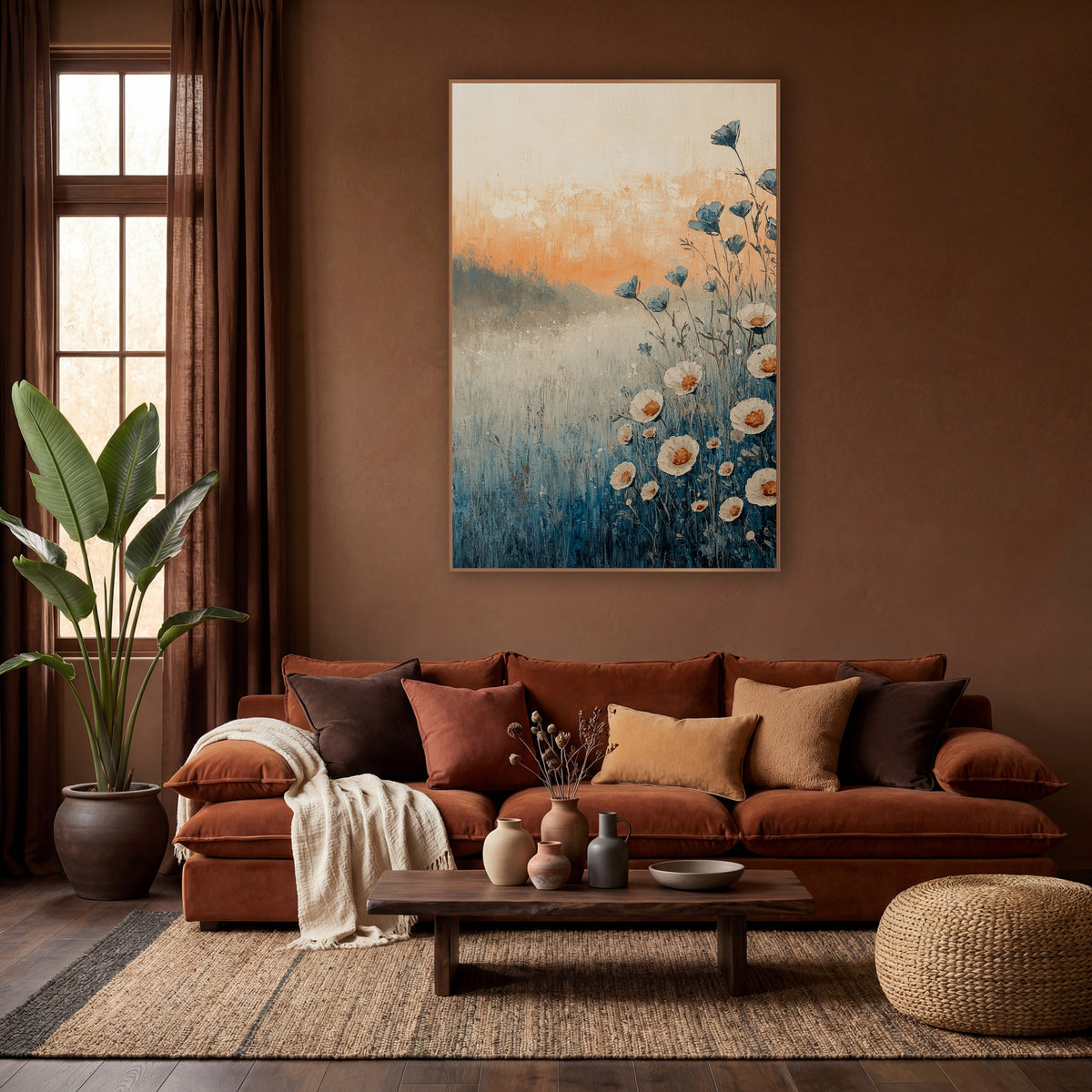 Blue Meadow Wildflowers Boho Landscape wall art in a warm boho-style room – cream wildflowers with orange centers