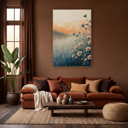 Blue Meadow Wildflowers Boho Landscape wall art in a warm boho-style room – cream wildflowers with orange centers