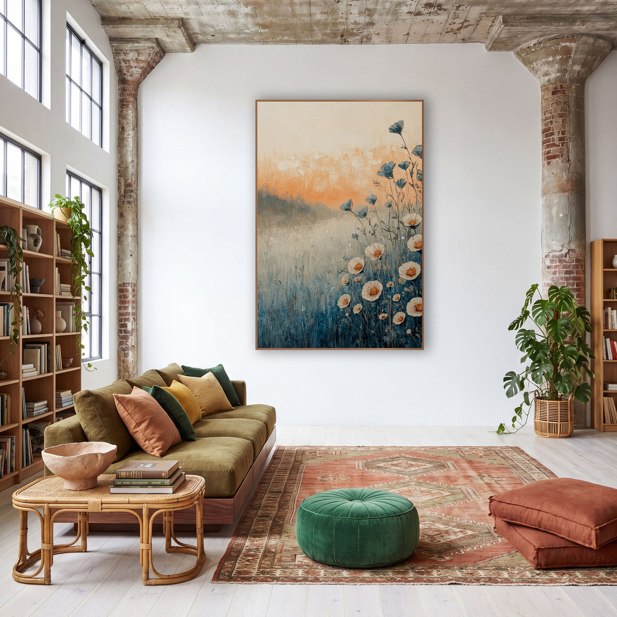 Blue Meadow Wildflowers Boho Landscape wall art in a warm boho-style room – cream wildflowers with orange centers