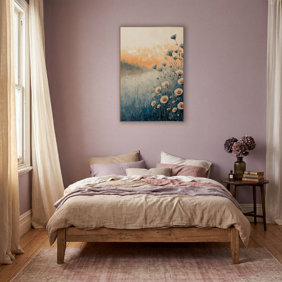 Blue Meadow Wildflowers Boho Landscape wall art in a warm boho-style room – cream wildflowers with orange centers