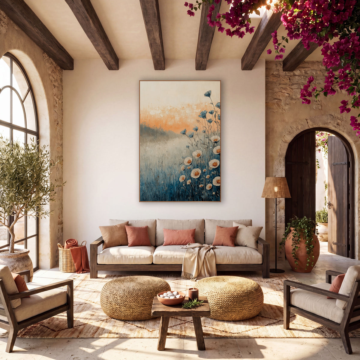 Blue Meadow Wildflowers Boho Landscape wall art in a warm boho-style room – cream wildflowers with orange centers