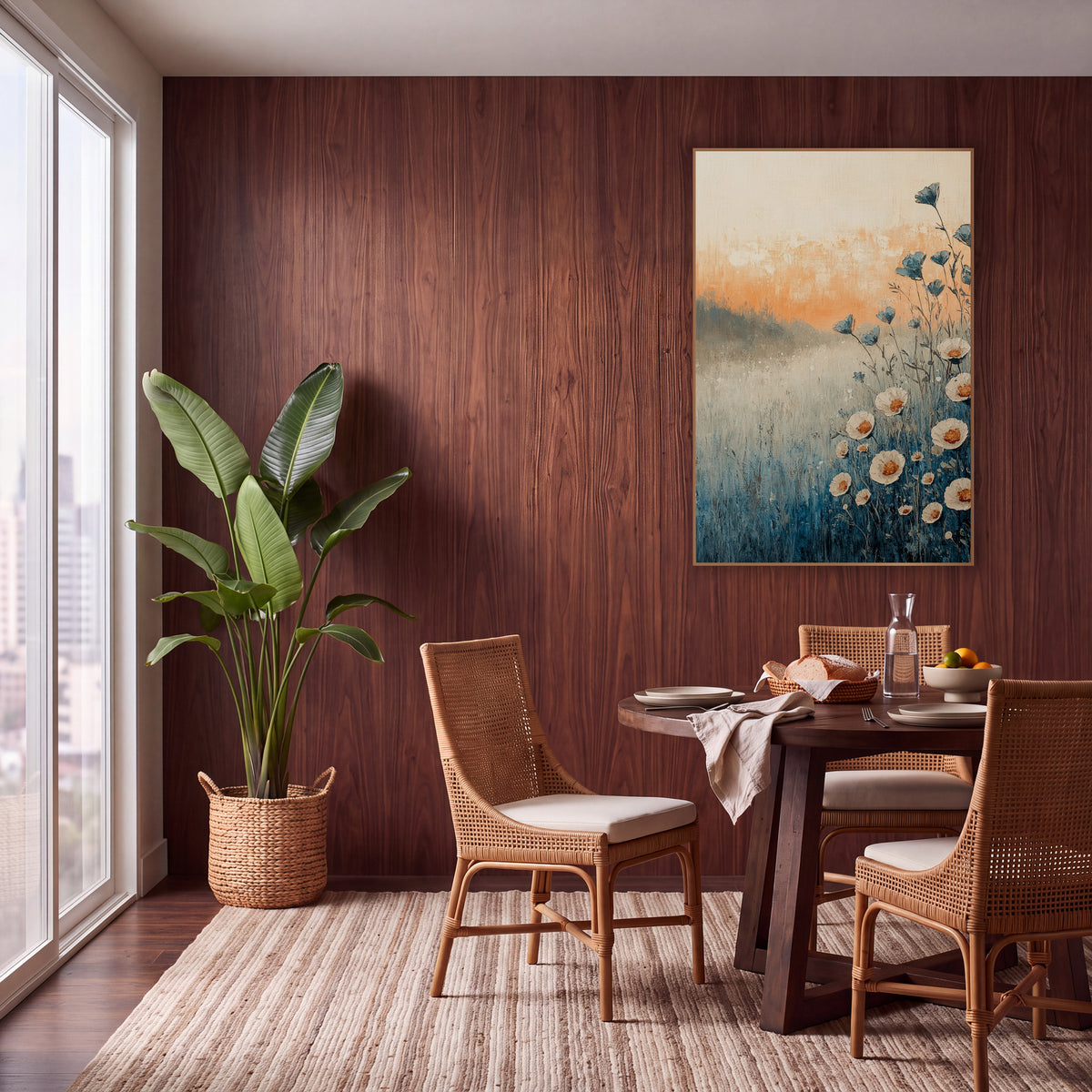 Blue Meadow Wildflowers Boho Landscape wall art in a warm boho-style room – cream wildflowers with orange centers