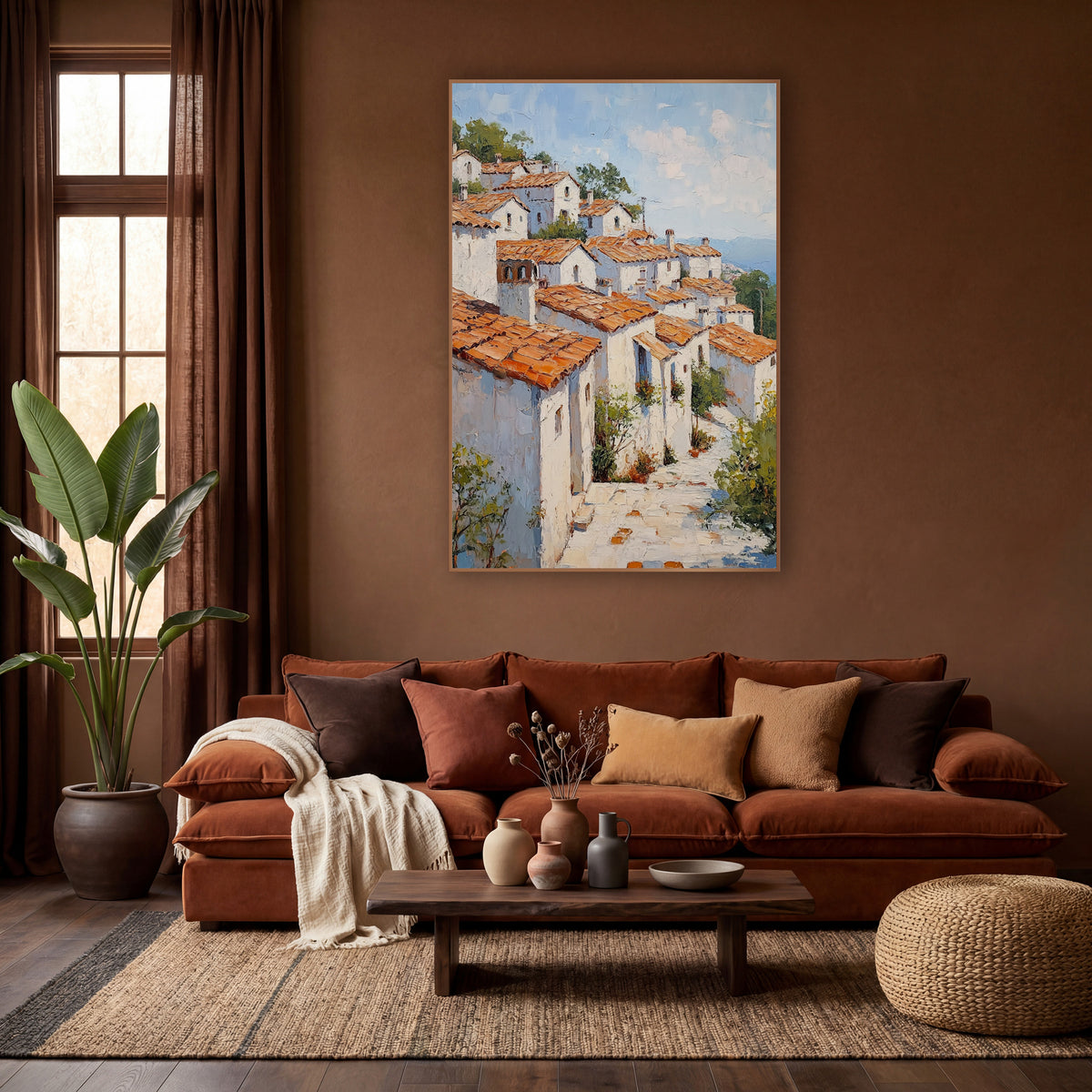 Terracotta Rooftops Mediterranean Village Boho wall art in a warm boho-style room – whitewashed hillside village