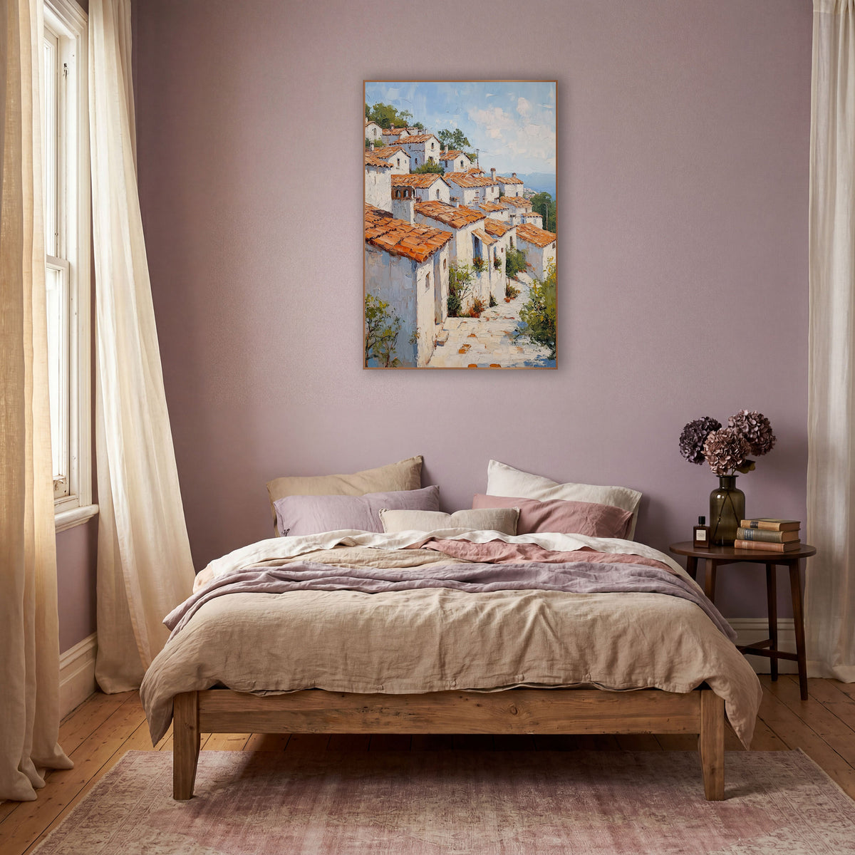 Terracotta Rooftops Mediterranean Village Boho wall art in a warm boho-style room – whitewashed hillside village