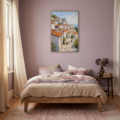 Terracotta Rooftops Mediterranean Village Boho wall art in a warm boho-style room – whitewashed hillside village