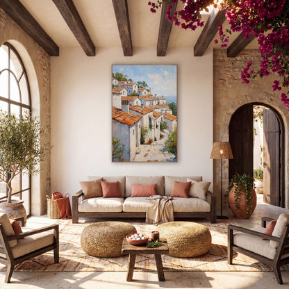 Terracotta Rooftops Mediterranean Village Boho wall art in a warm boho-style room – whitewashed hillside village