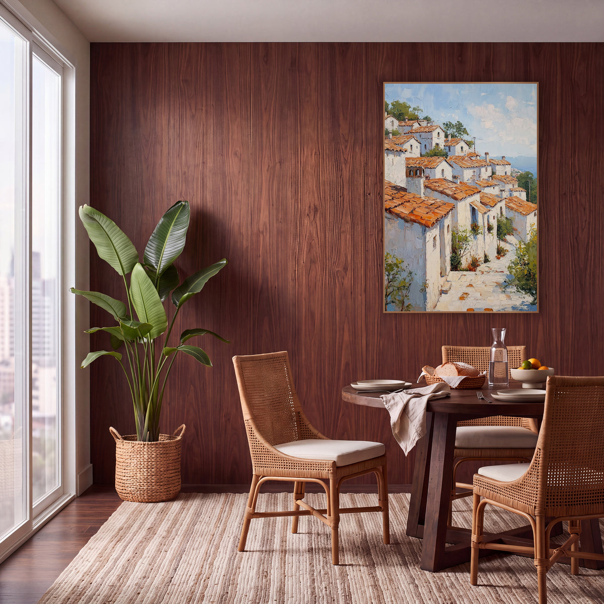 Terracotta Rooftops Mediterranean Village Boho wall art in a warm boho-style room – whitewashed hillside village