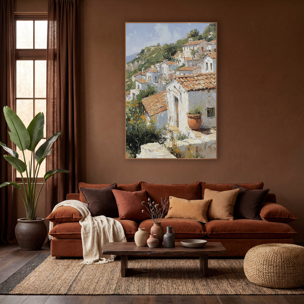 Terracotta Hillside Village Mediterranean wall art in a warm boho-style room – painting-style scene of white houses