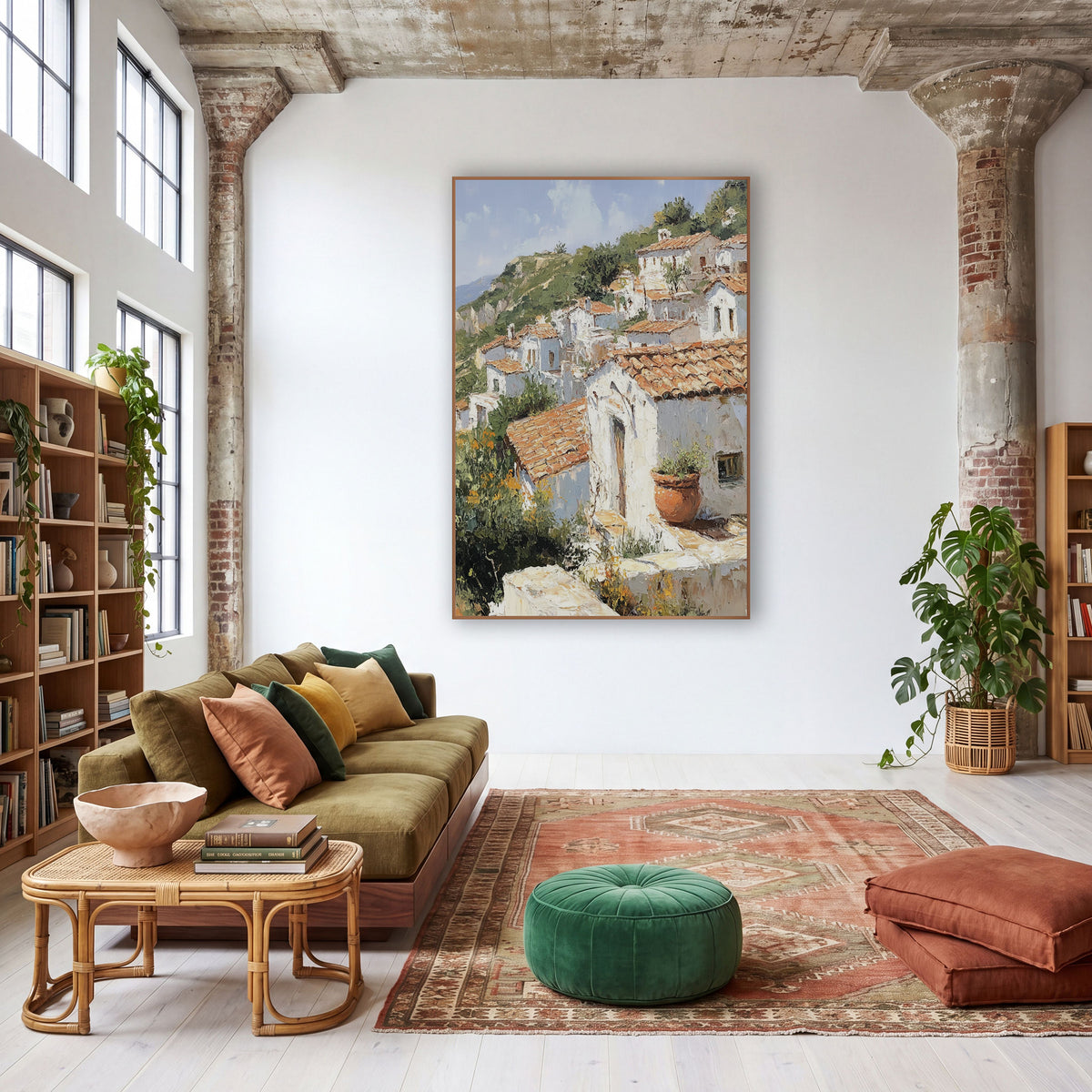 Terracotta Hillside Village Mediterranean wall art in a warm boho-style room – painting-style scene of white houses