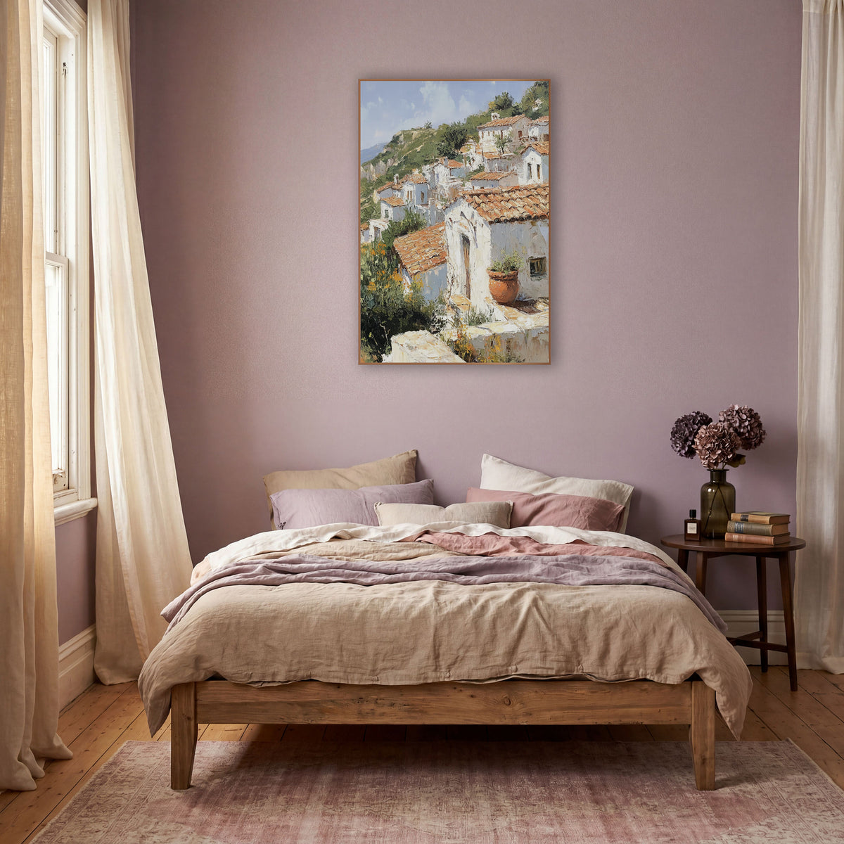 Terracotta Hillside Village Mediterranean wall art in a warm boho-style room – painting-style scene of white houses