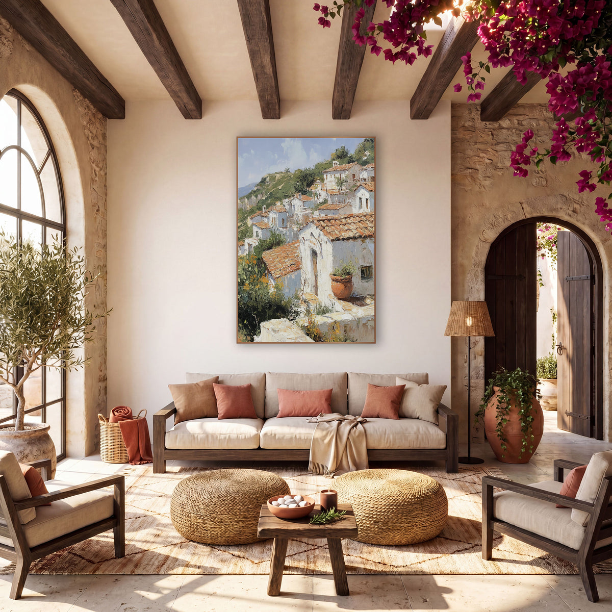 Terracotta Hillside Village Mediterranean wall art in a warm boho-style room – painting-style scene of white houses