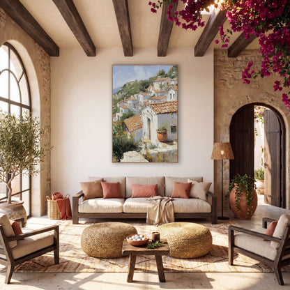 Terracotta Hillside Village Mediterranean wall art in a warm boho-style room – painting-style scene of white houses