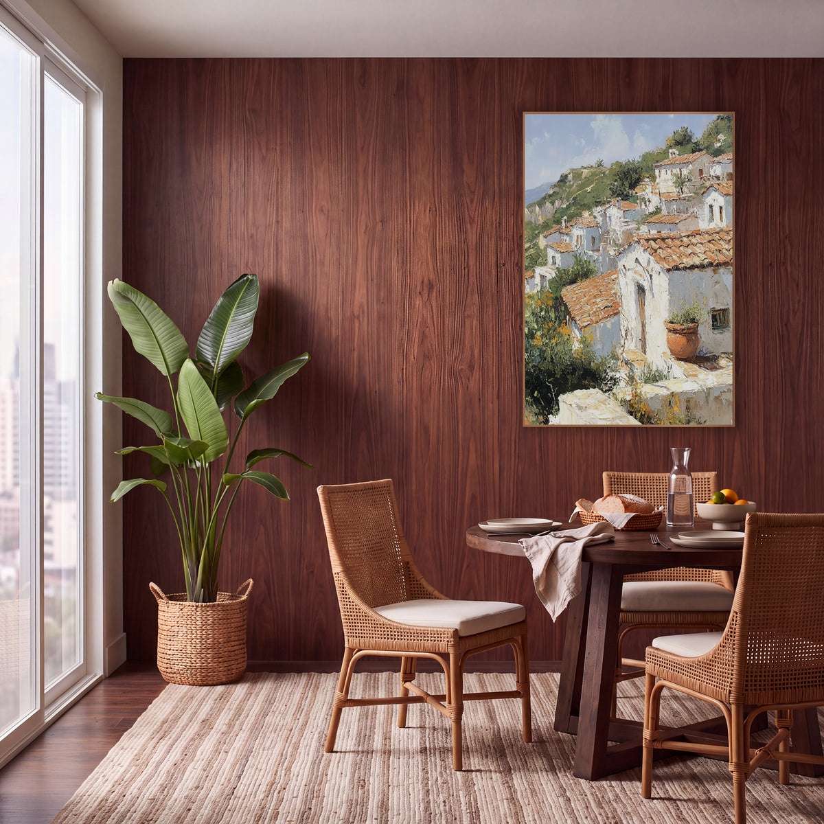 Terracotta Hillside Village Mediterranean wall art in a warm boho-style room – painting-style scene of white houses