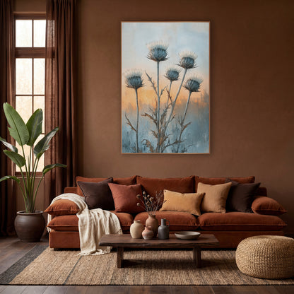Frosted Thistle Heads Boho Botanical wall art in a warm boho-style room – five tall thistle flower heads with cream