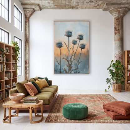 Frosted Thistle Heads Boho Botanical wall art in a warm boho-style room – five tall thistle flower heads with cream