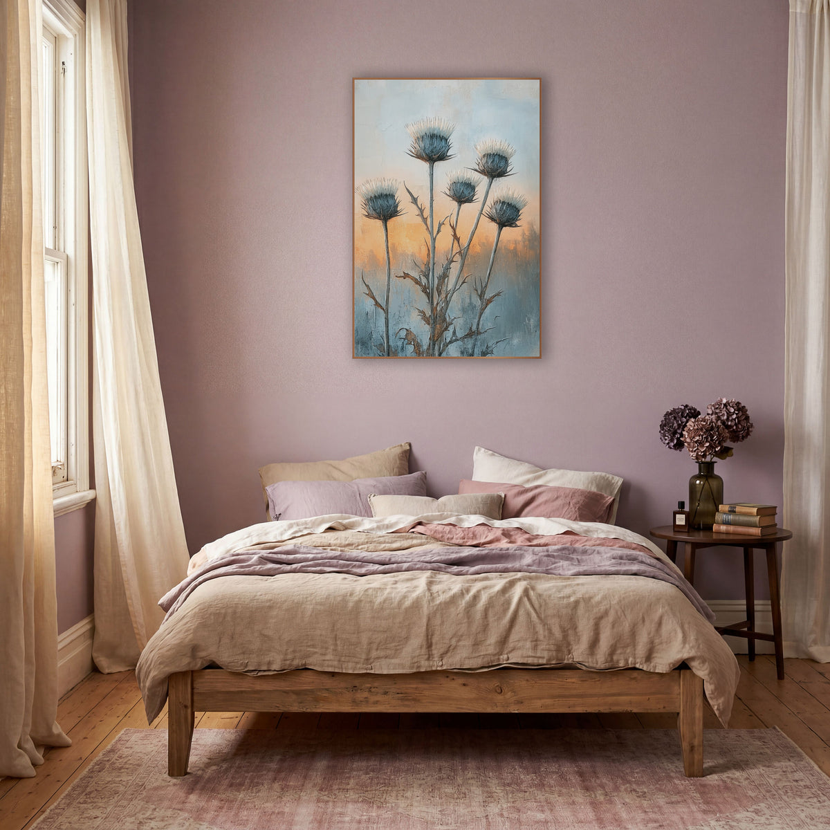 Frosted Thistle Heads Boho Botanical wall art in a warm boho-style room – five tall thistle flower heads with cream