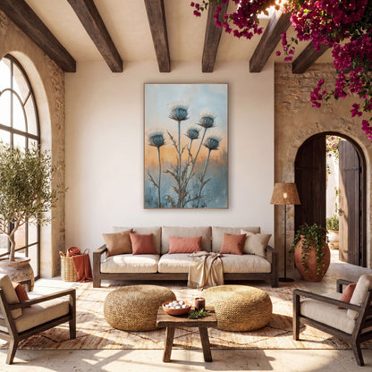 Frosted Thistle Heads Boho Botanical wall art in a warm boho-style room – five tall thistle flower heads with cream