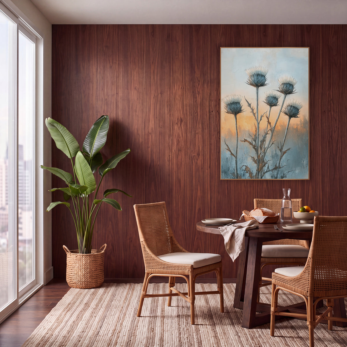 Frosted Thistle Heads Boho Botanical wall art in a warm boho-style room – five tall thistle flower heads with cream