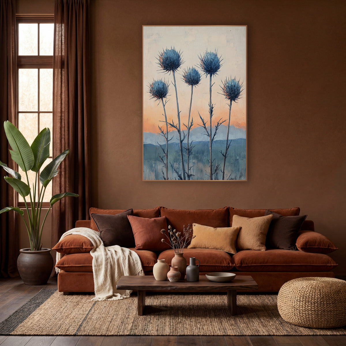 Blue Thistle Sunrise Boho Botanical wall art in a warm boho-style room – five blue spiky thistle heads on tall stems