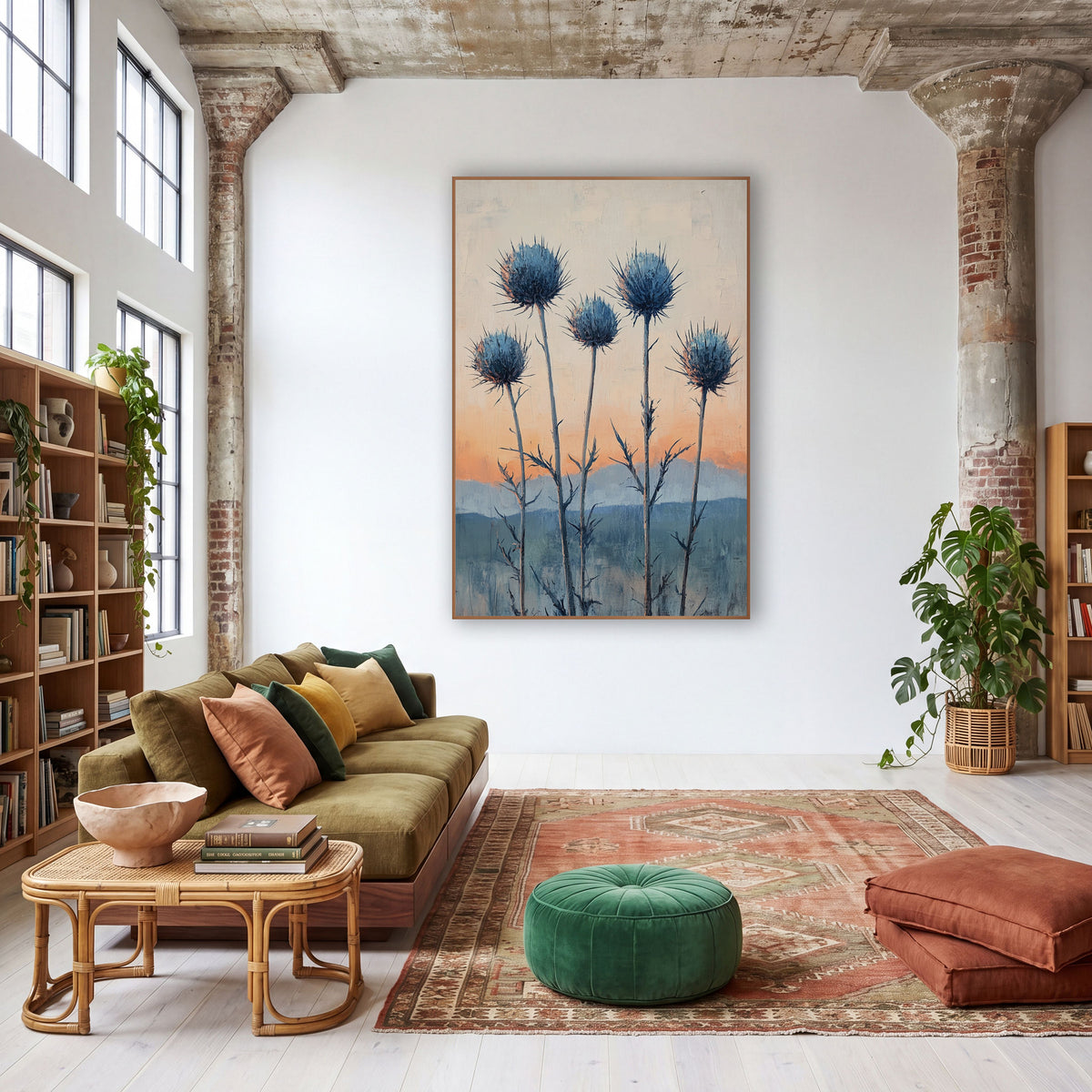 Blue Thistle Sunrise Boho Botanical wall art in a warm boho-style room – five blue spiky thistle heads on tall stems