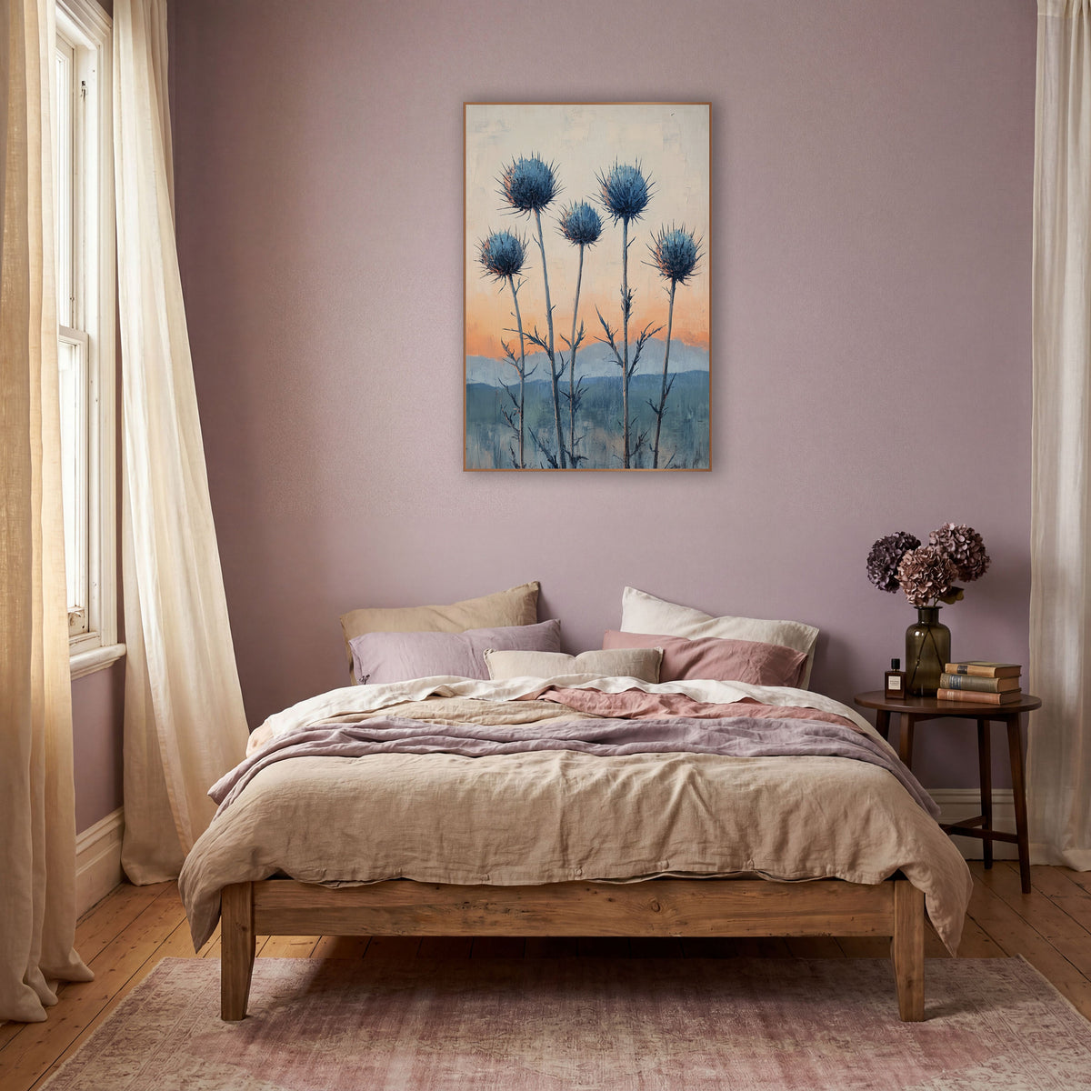 Blue Thistle Sunrise Boho Botanical wall art in a warm boho-style room – five blue spiky thistle heads on tall stems