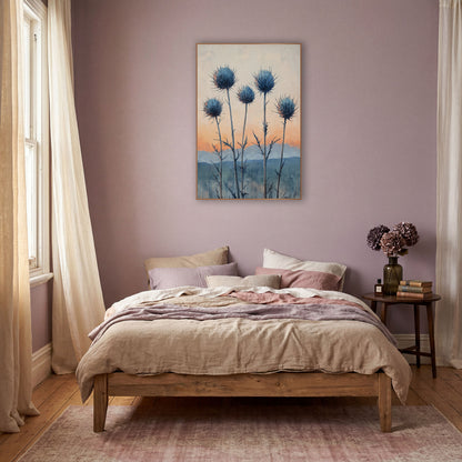Blue Thistle Sunrise Boho Botanical wall art in a warm boho-style room – five blue spiky thistle heads on tall stems