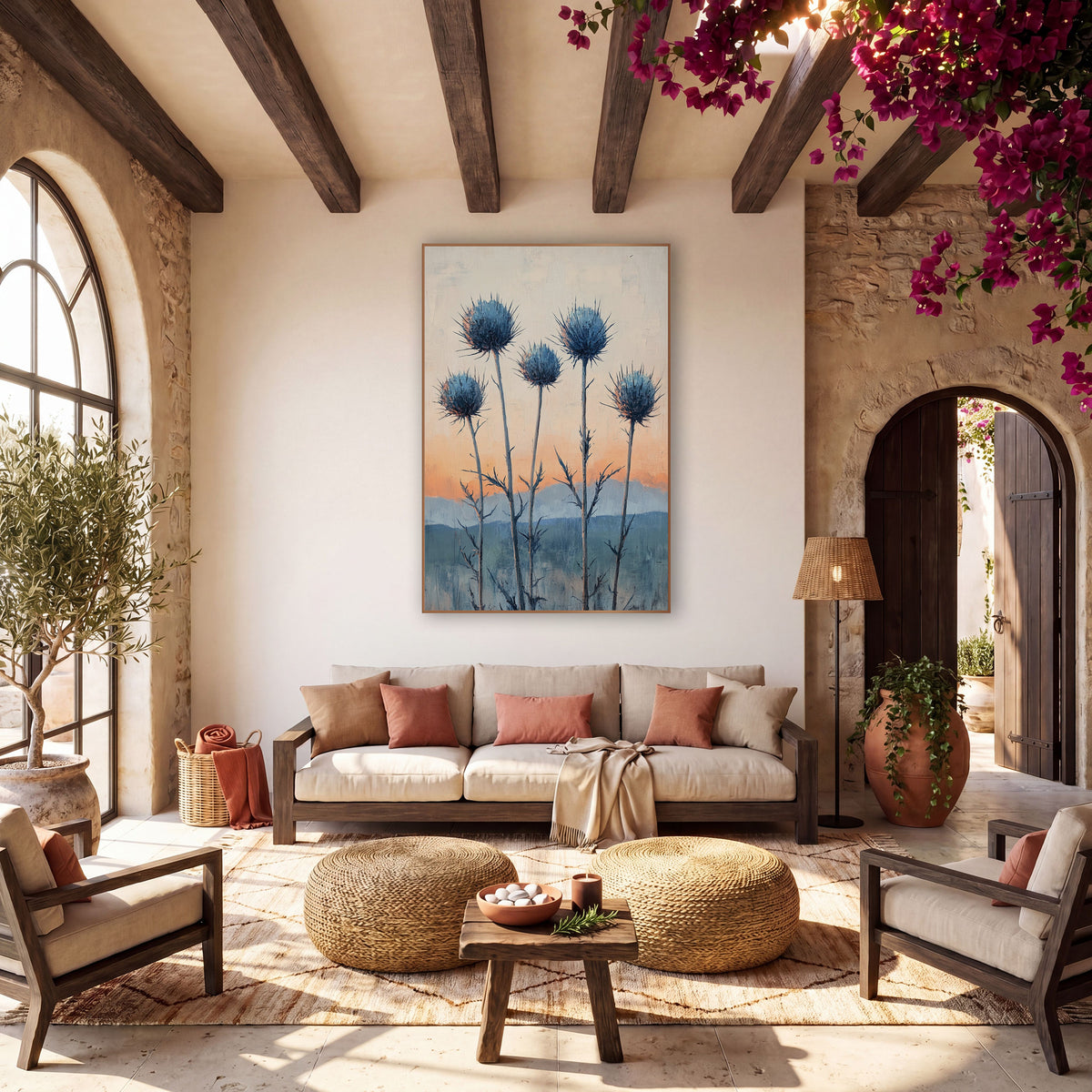 Blue Thistle Sunrise Boho Botanical wall art in a warm boho-style room – five blue spiky thistle heads on tall stems