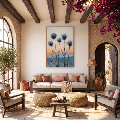 Blue Thistle Sunrise Boho Botanical wall art in a warm boho-style room – five blue spiky thistle heads on tall stems