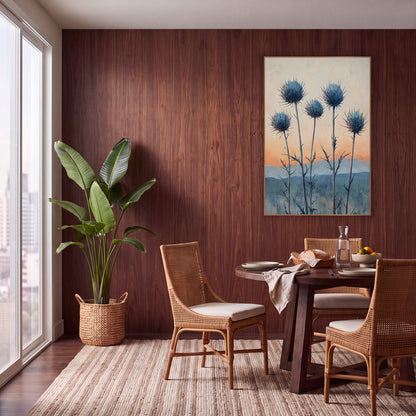 Blue Thistle Sunrise Boho Botanical wall art in a warm boho-style room – five blue spiky thistle heads on tall stems