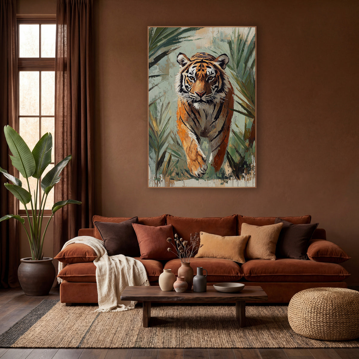 Prowling Tiger Palm Fronds Boho wall art in a warm boho-style room – tiger walking toward the viewer through green