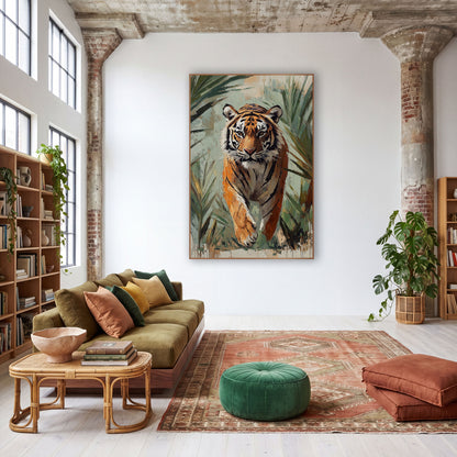 Prowling Tiger Palm Fronds Boho wall art in a warm boho-style room – tiger walking toward the viewer through green