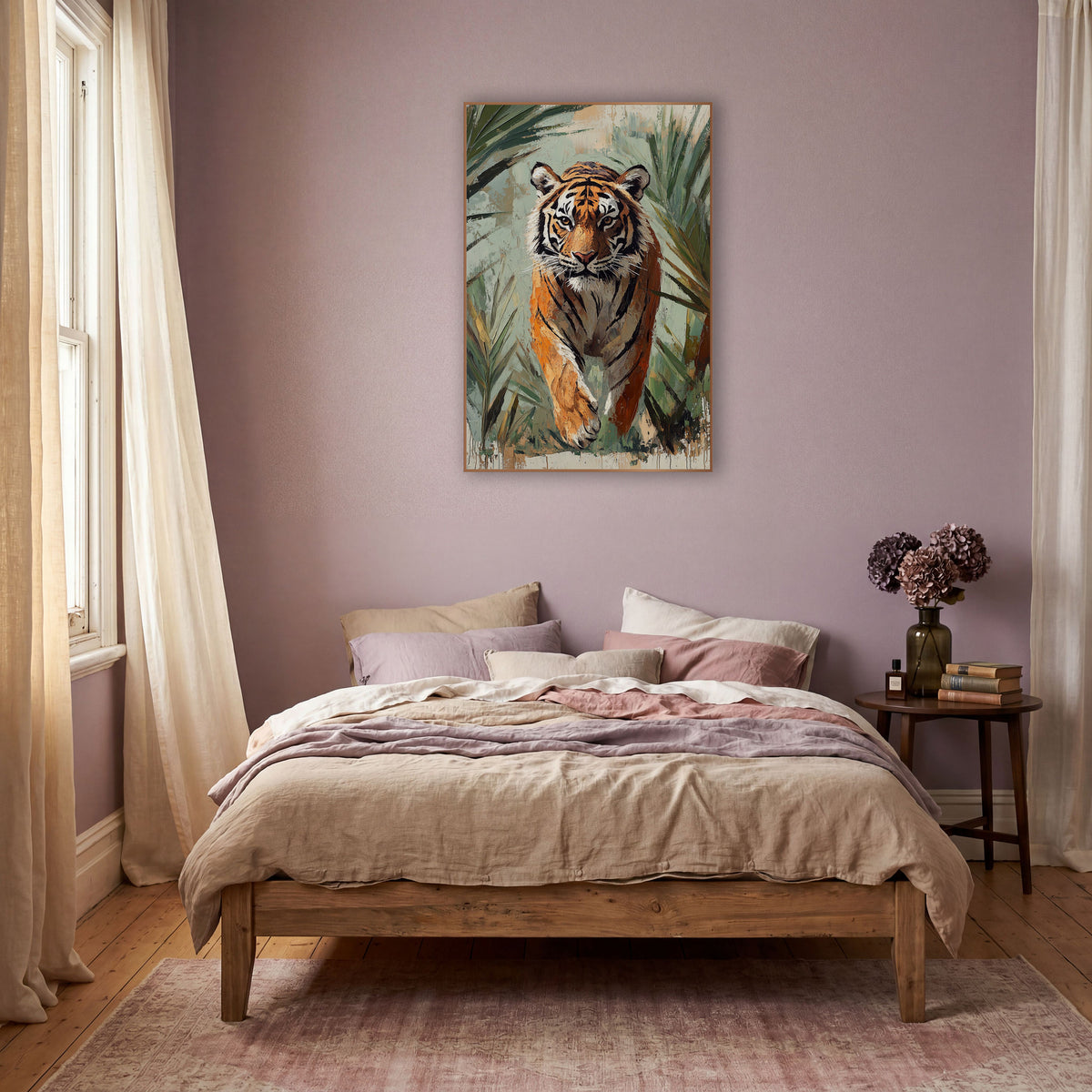 Prowling Tiger Palm Fronds Boho wall art in a warm boho-style room – tiger walking toward the viewer through green
