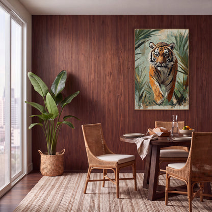 Prowling Tiger Palm Fronds Boho wall art in a warm boho-style room – tiger walking toward the viewer through green